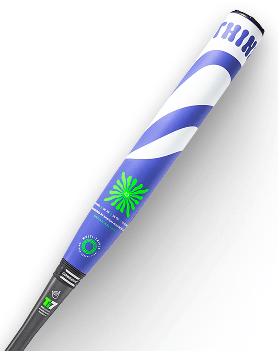 Purple and white spiral baseball bat with green flower logo. THIN, GHOST ADVANCED, and EASTON are visible.